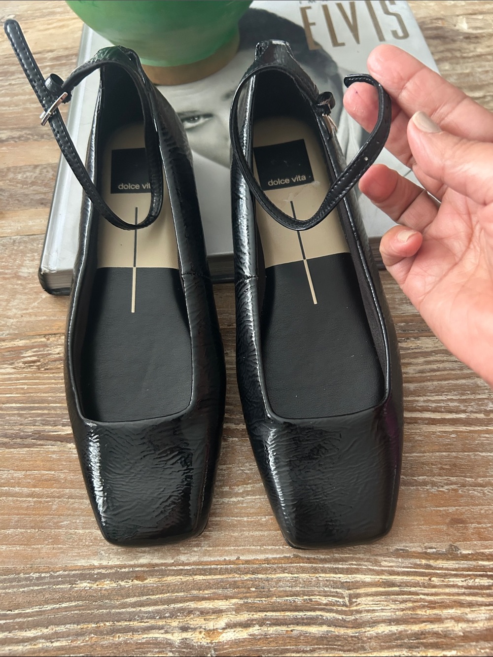 Dolce Vita Black Patent Square-Toe Ankle-Strap Flats - Picture 2 of 8